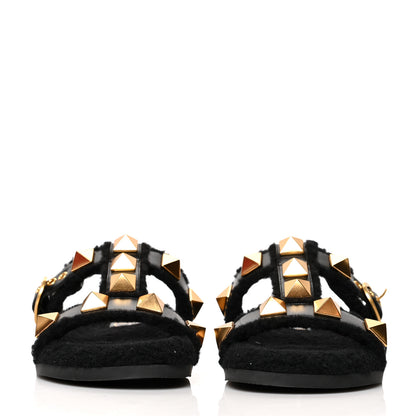 Valentino Garavani Shearling Roman Stud 5mm Slide Sandals 37 Black 2 of 8