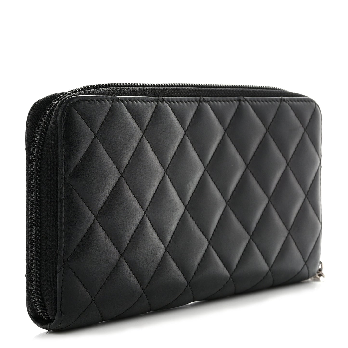 Calfskin Quilted Cambon Large Gusset Zip Around Wallet Black