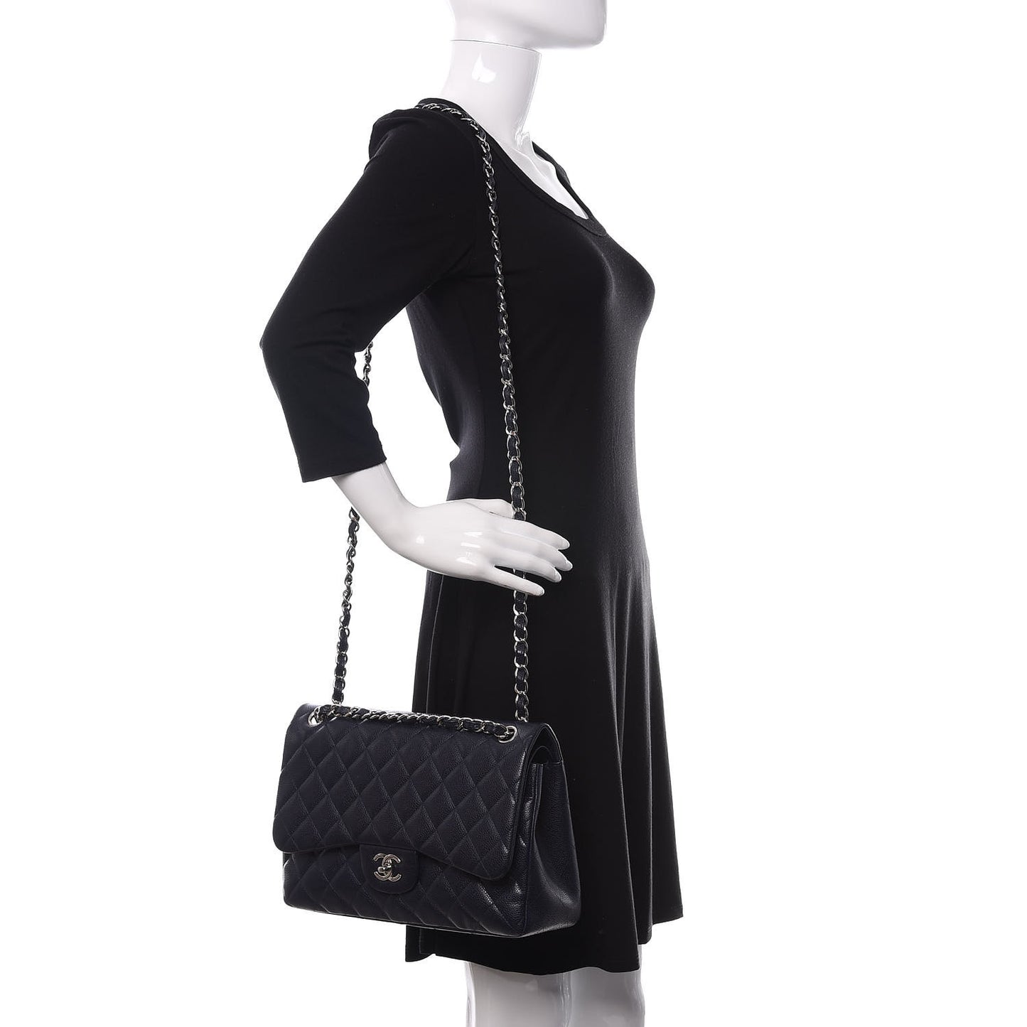 Caviar Quilted Jumbo Double Flap Navy Blue
