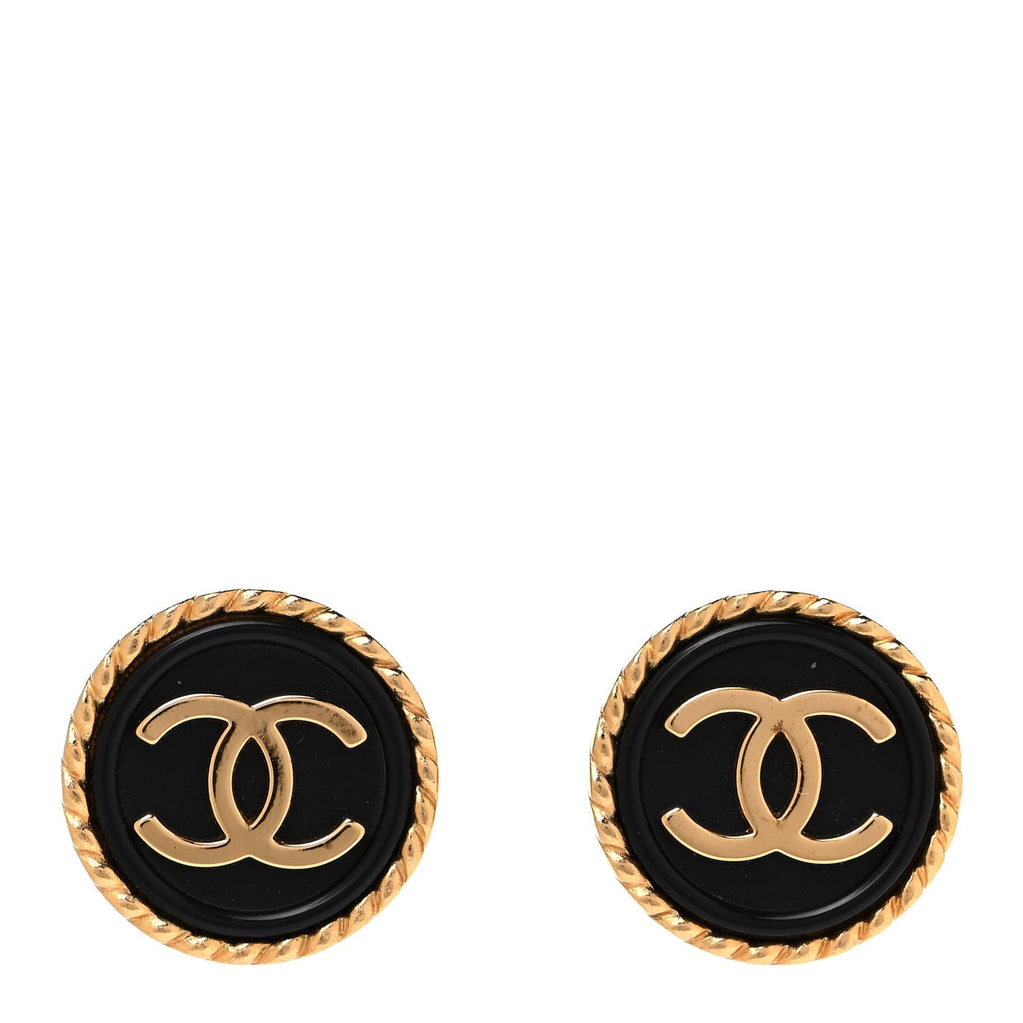 Metal Rope CC Round Clip On Earrings Black Gold