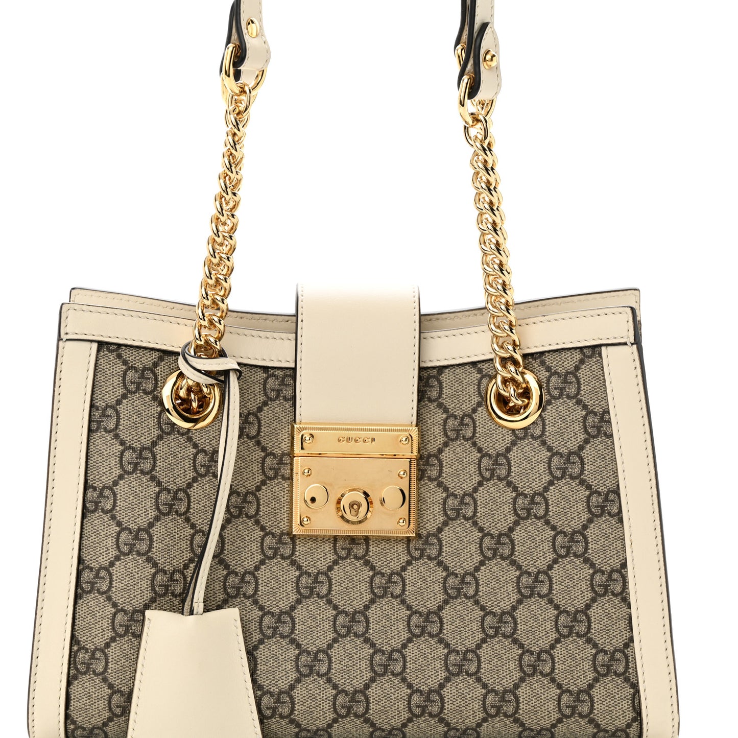 GG Supreme Monogram Moon Calfskin Small Padlock Tote Beige Ebony Mystic White