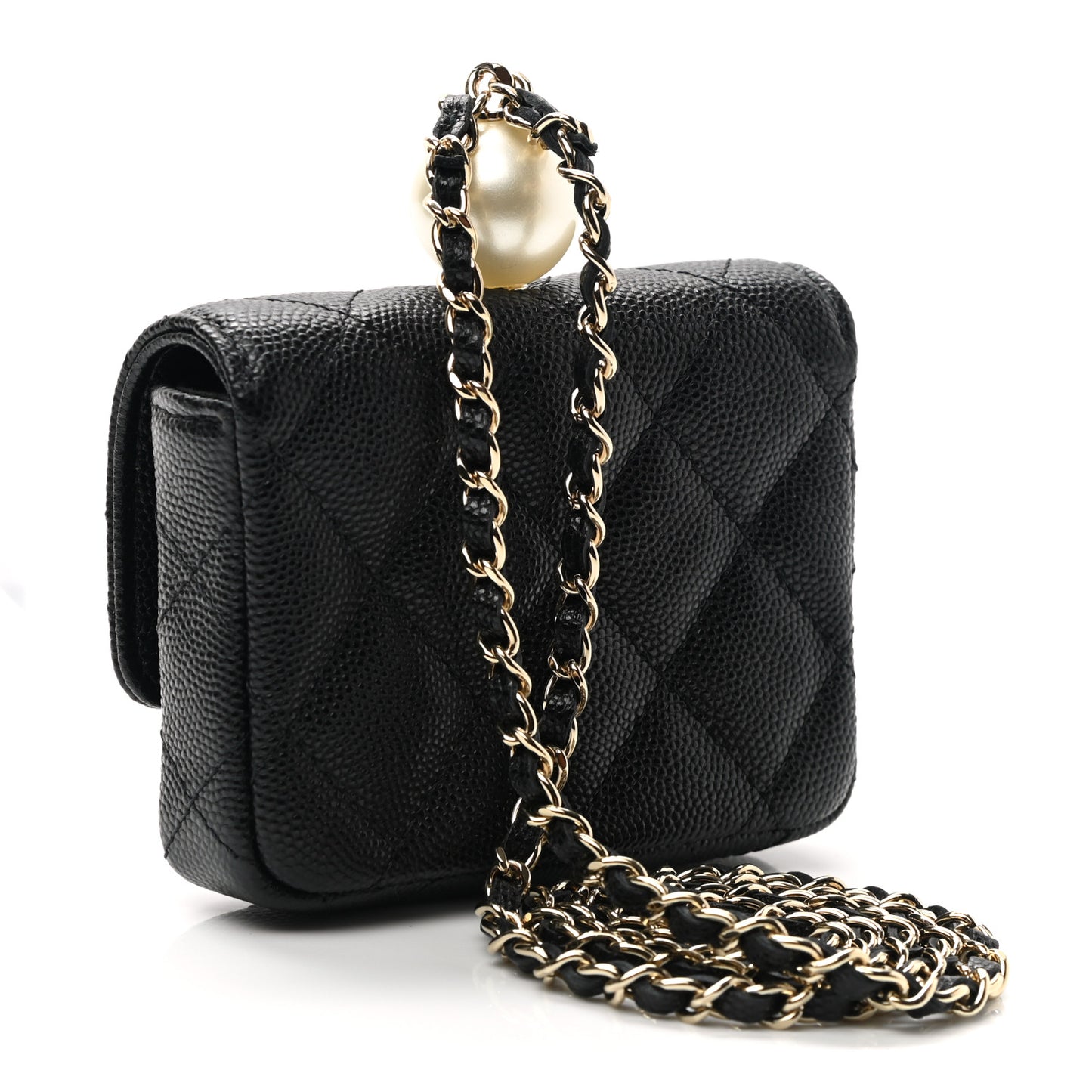 Caviar Quilted Pearl Card Holder On Chain Black
