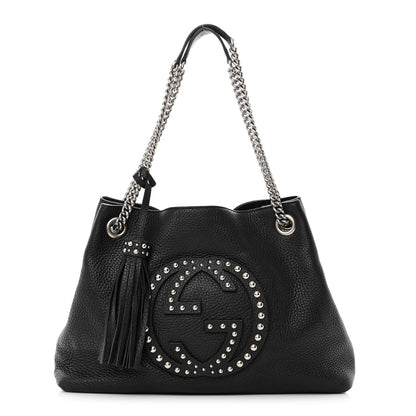 Gucci Pebbled Calfskin Studded Medium Soho Chain Shoulder Bag Black 1 of 19