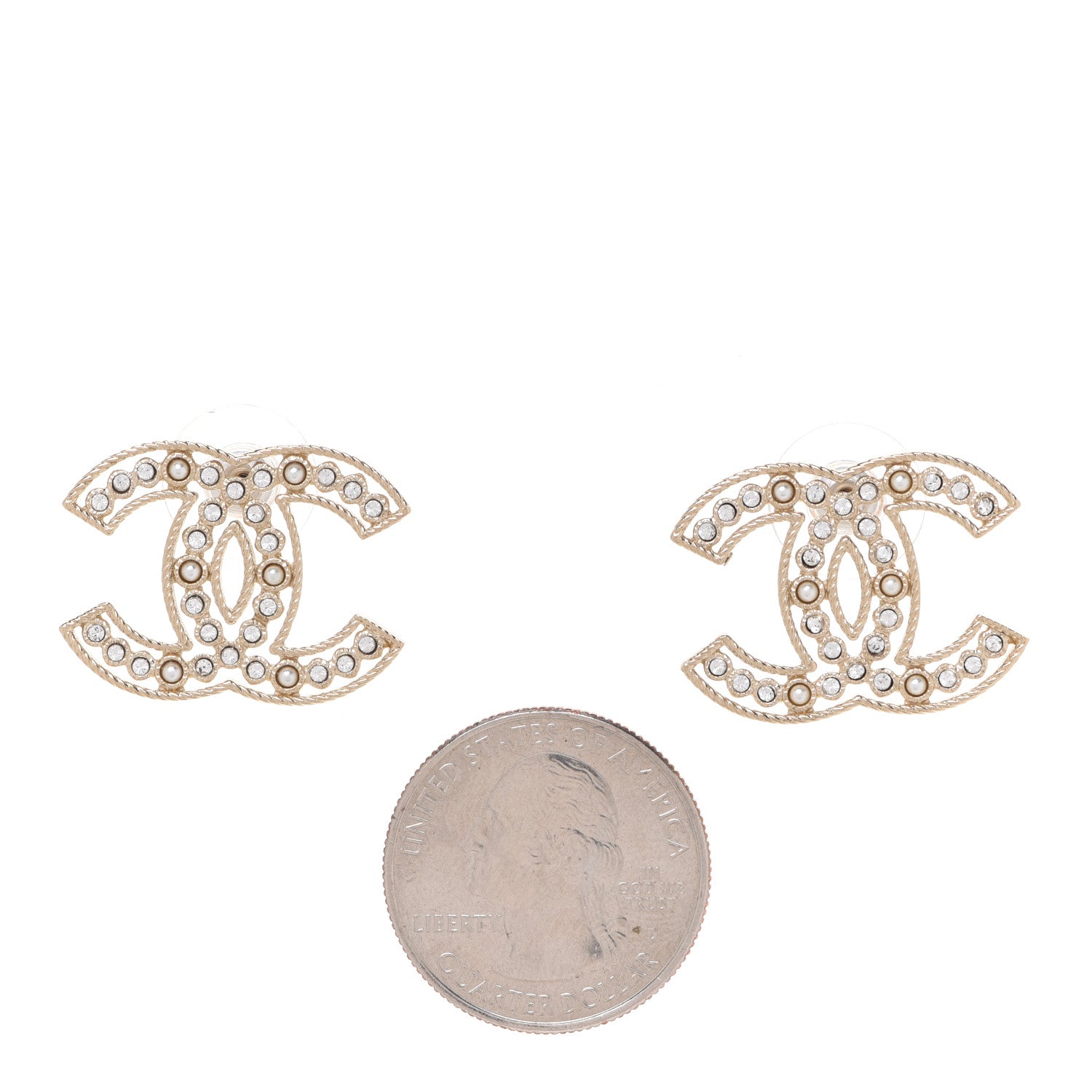 Chanel Pearl Crystal Sparkling Pearls CC Earrings Light Gold 2 of 5