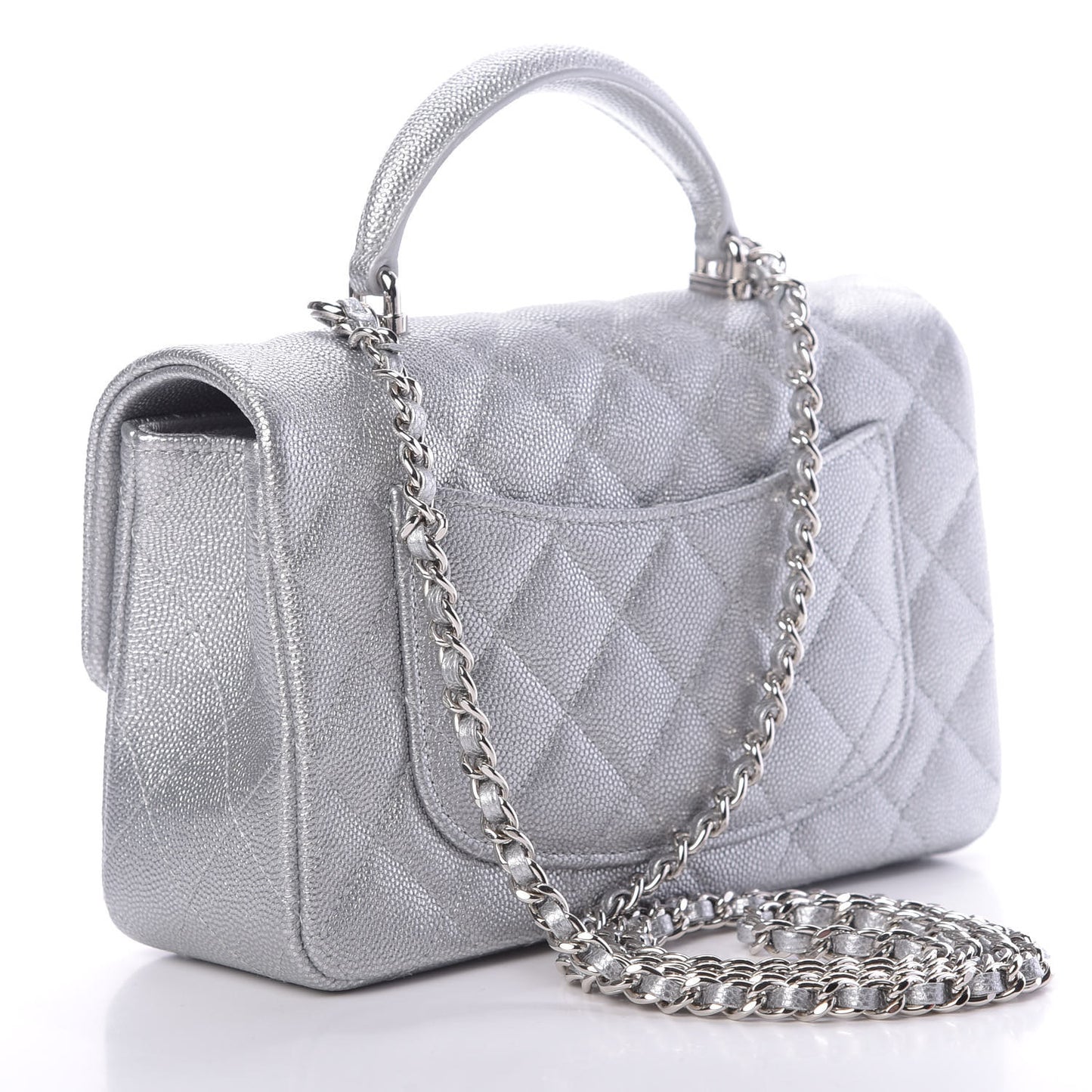 Metallic Caviar Quilted Mini Top Handle Rectangular Flap Silver