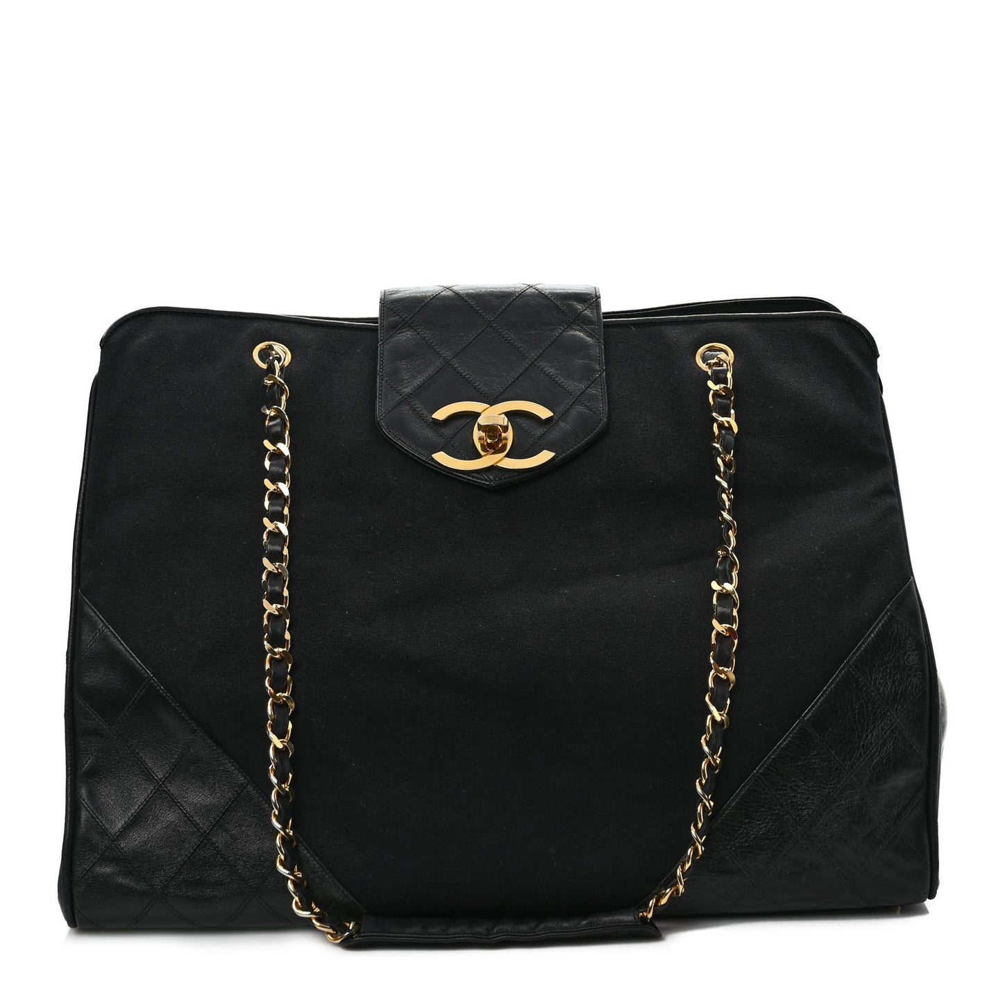 Canvas Lambskin Quilted Shopper Tote Black