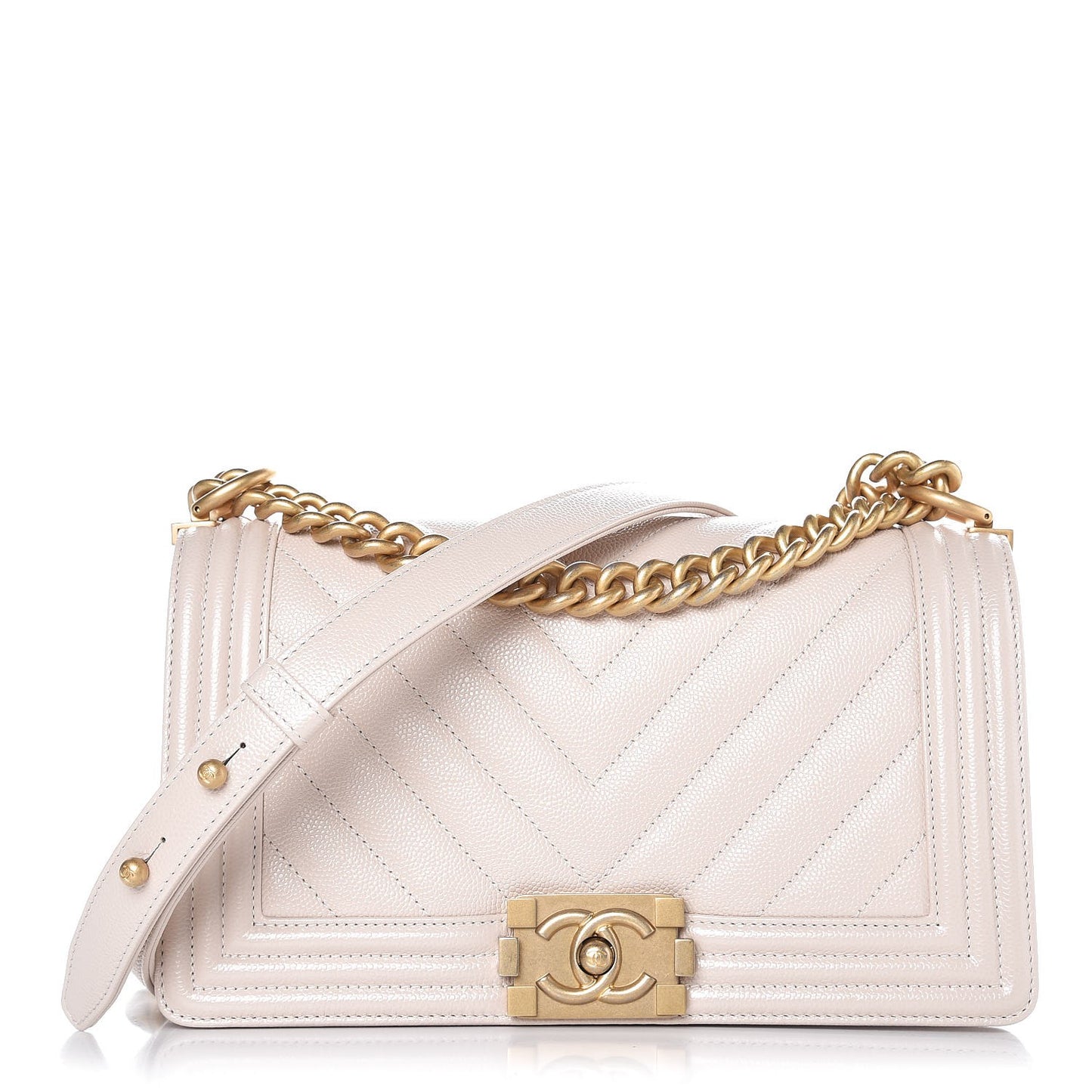 Caviar Chevron Quilted Medium Boy Flap Light Beige