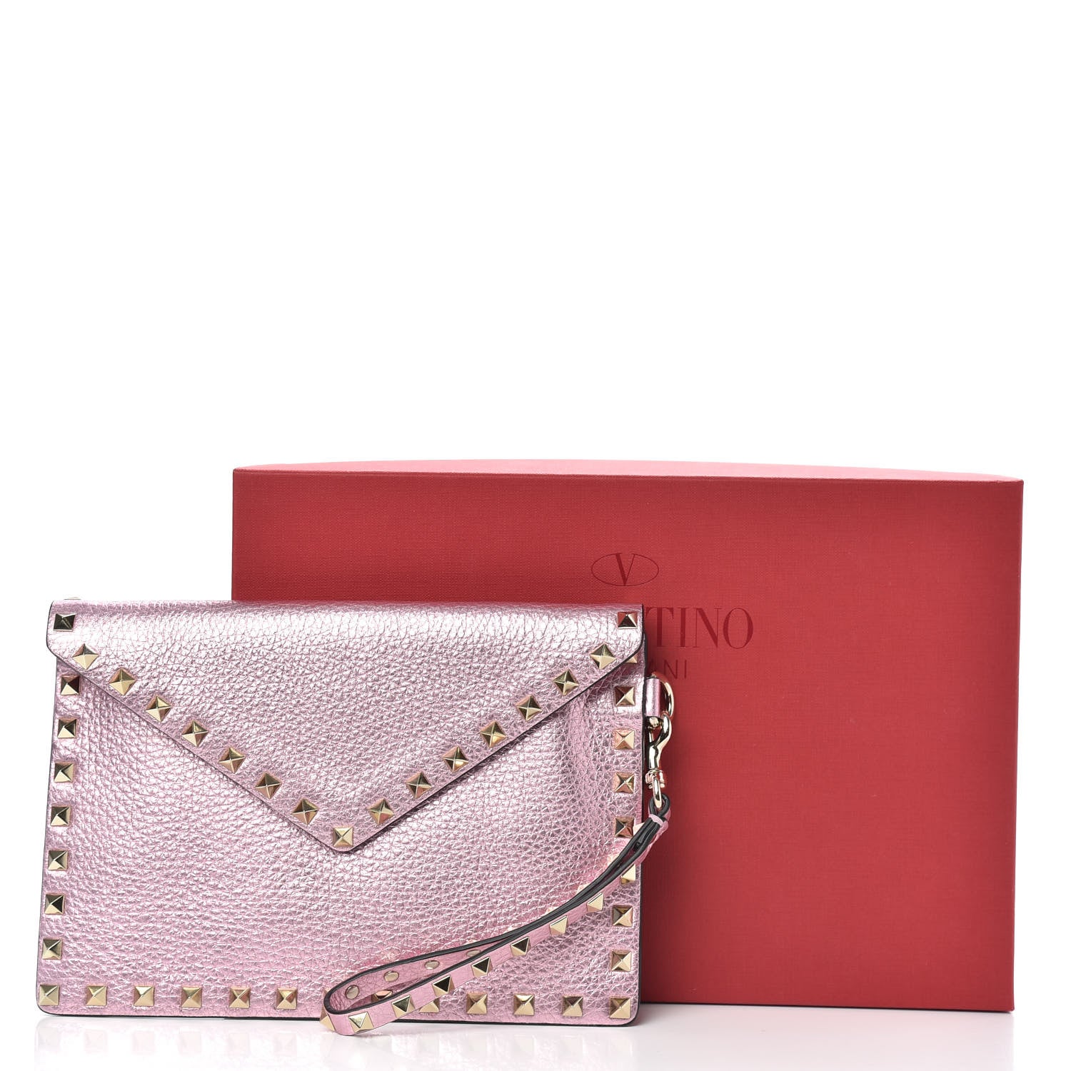 Valentino Garavani Metallic Pebbled Calfskin Medium Rockstud Envelope Flat Wristlet Pouch Giacinto 9 of 9