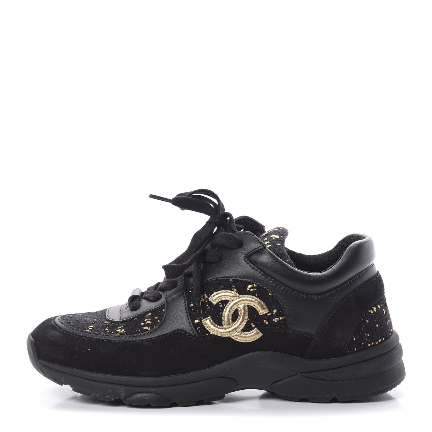 Chanel Velour Tweed CC Sneakers 37 Black Gold 1 of 11