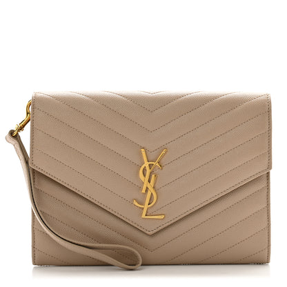 Saint Laurent Grain De Poudre Matelasse Chevron Monogram Envelope Clutch Dark Beige 1 of 9