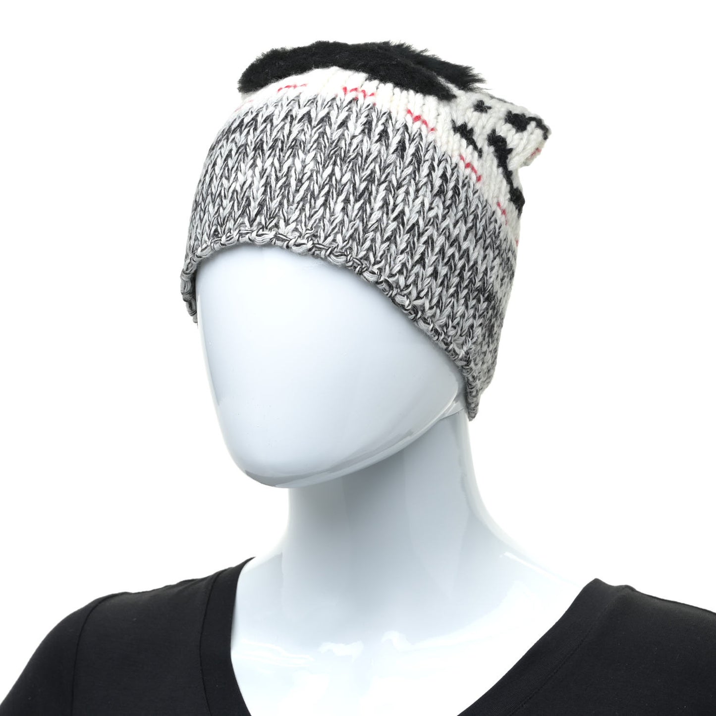 Wool Shearling CC Beanie Hat Ivory Black Red