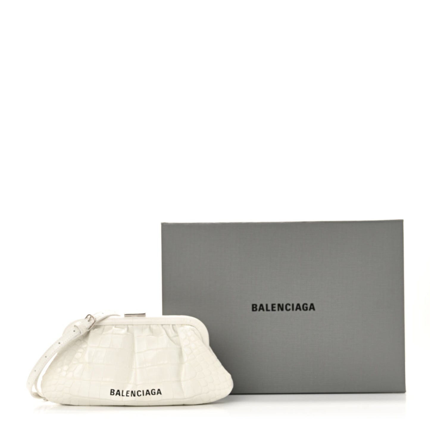 Shiny Supple Calfskin Logo Crocodile Embossed Cloud Clutch XS White