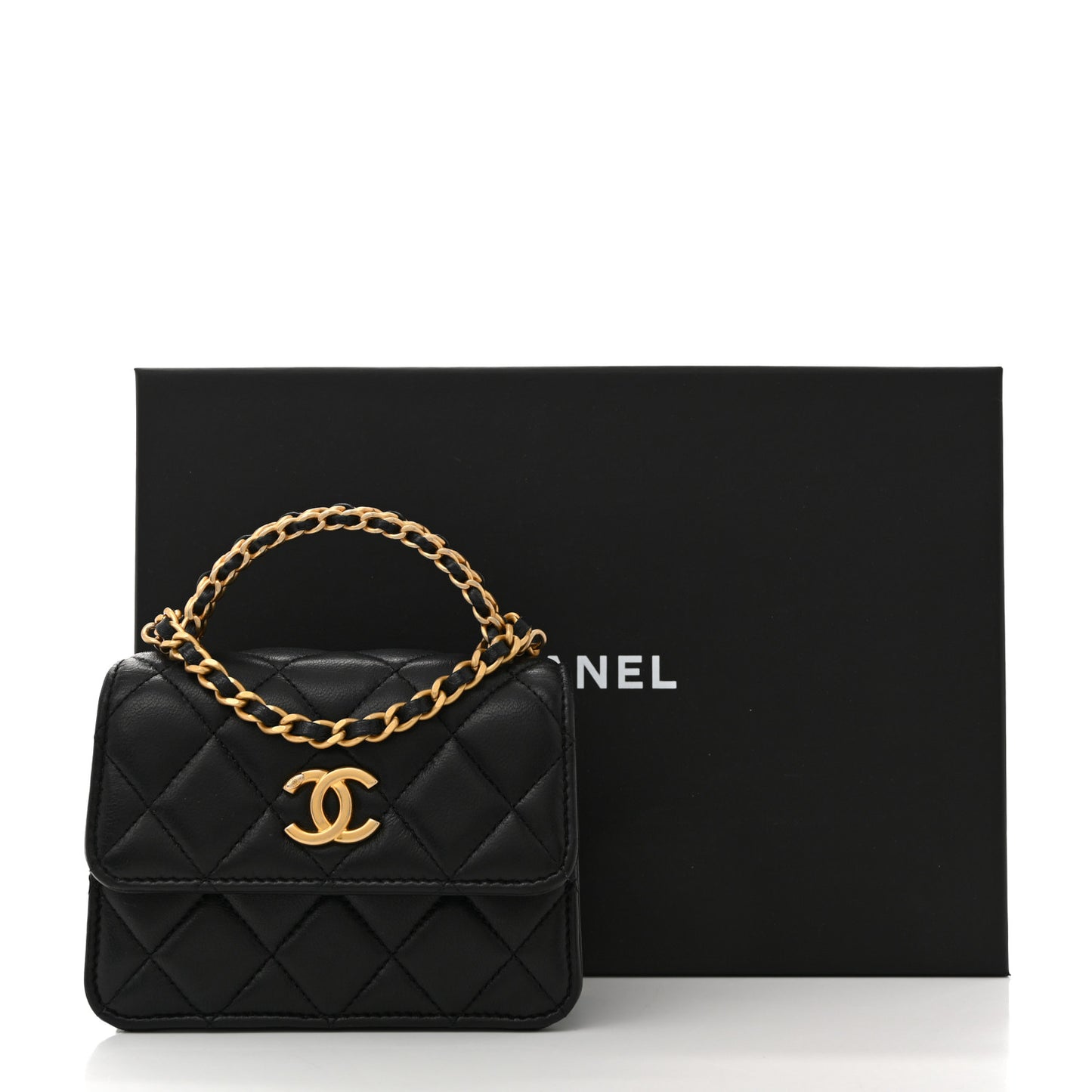 Lambskin Quilted Chain Top Handle Clutch With Chain Black