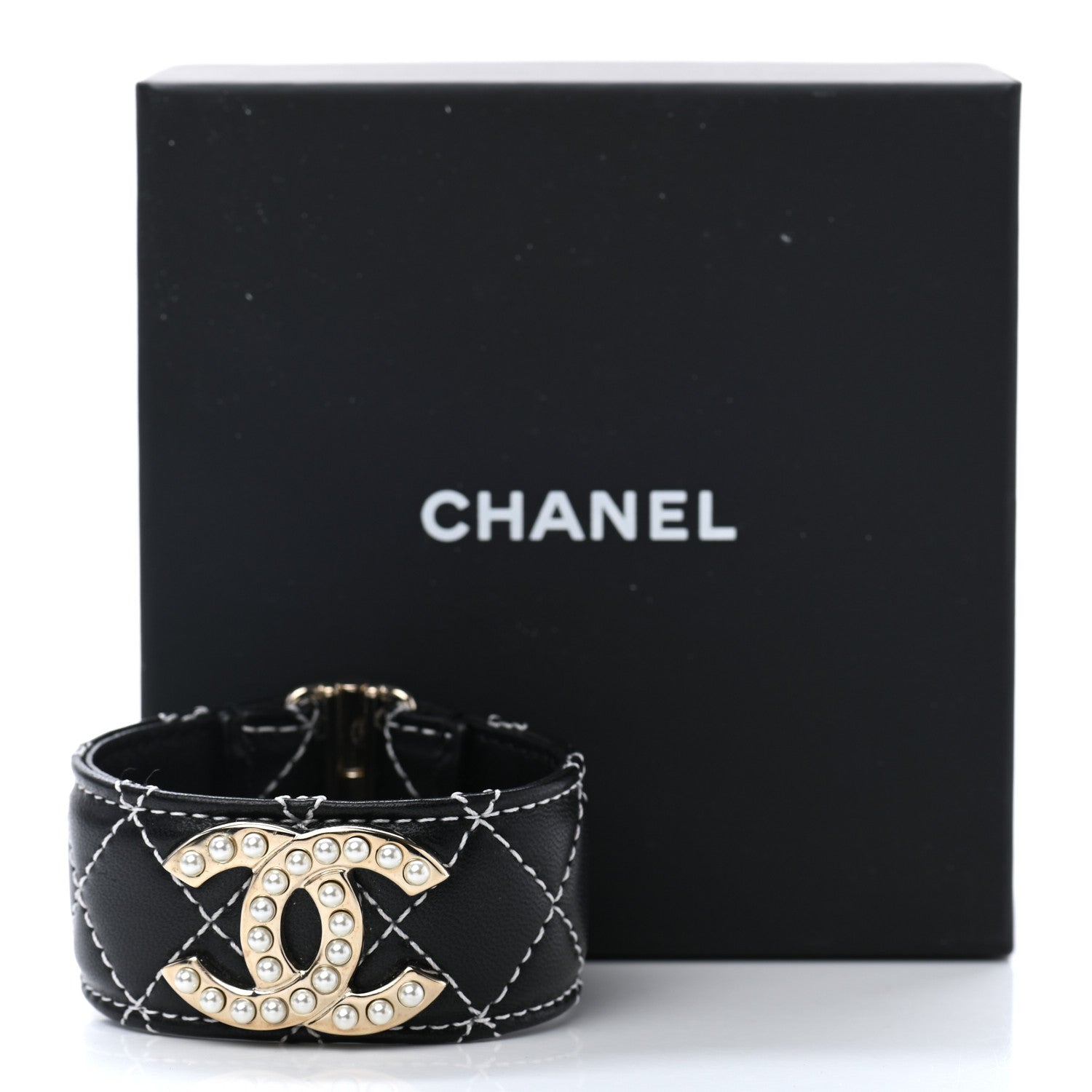 Chanel Lambskin Quilted Pearl CC Cuff Bracelet Black Gold 5 of 5