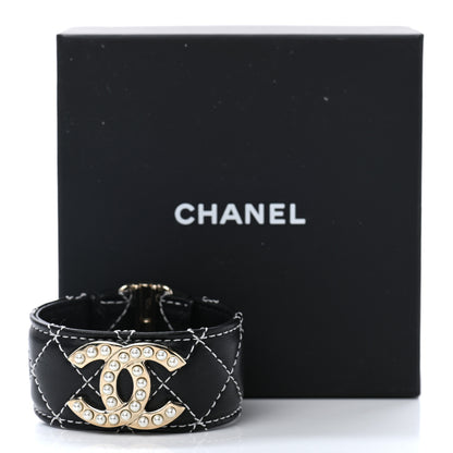 Chanel Lambskin Quilted Pearl CC Cuff Bracelet Black Gold 5 of 5