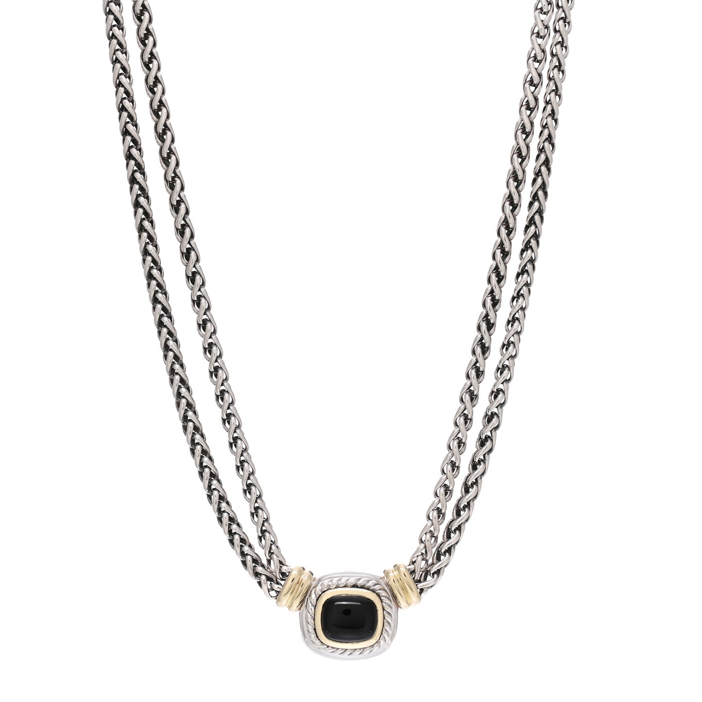 Sterling Silver 14K Yellow Gold Black Onyx Double Wheat Chain Necklace