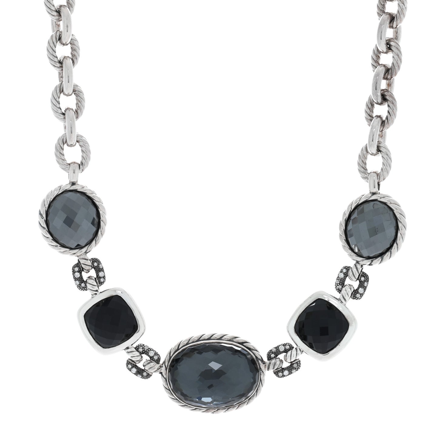 Sterling Silver Diamond Black Orchid Black Onyx Hematine Link Necklace