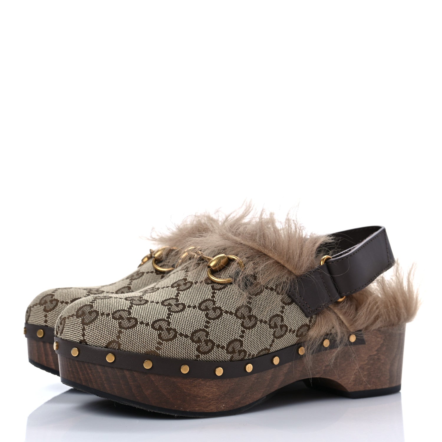 Gucci Monogram Calfskin Fur Horsebit Amstel Slingback Clogs 37.5 Beige Ebony New Acero Naturale 3 of 6