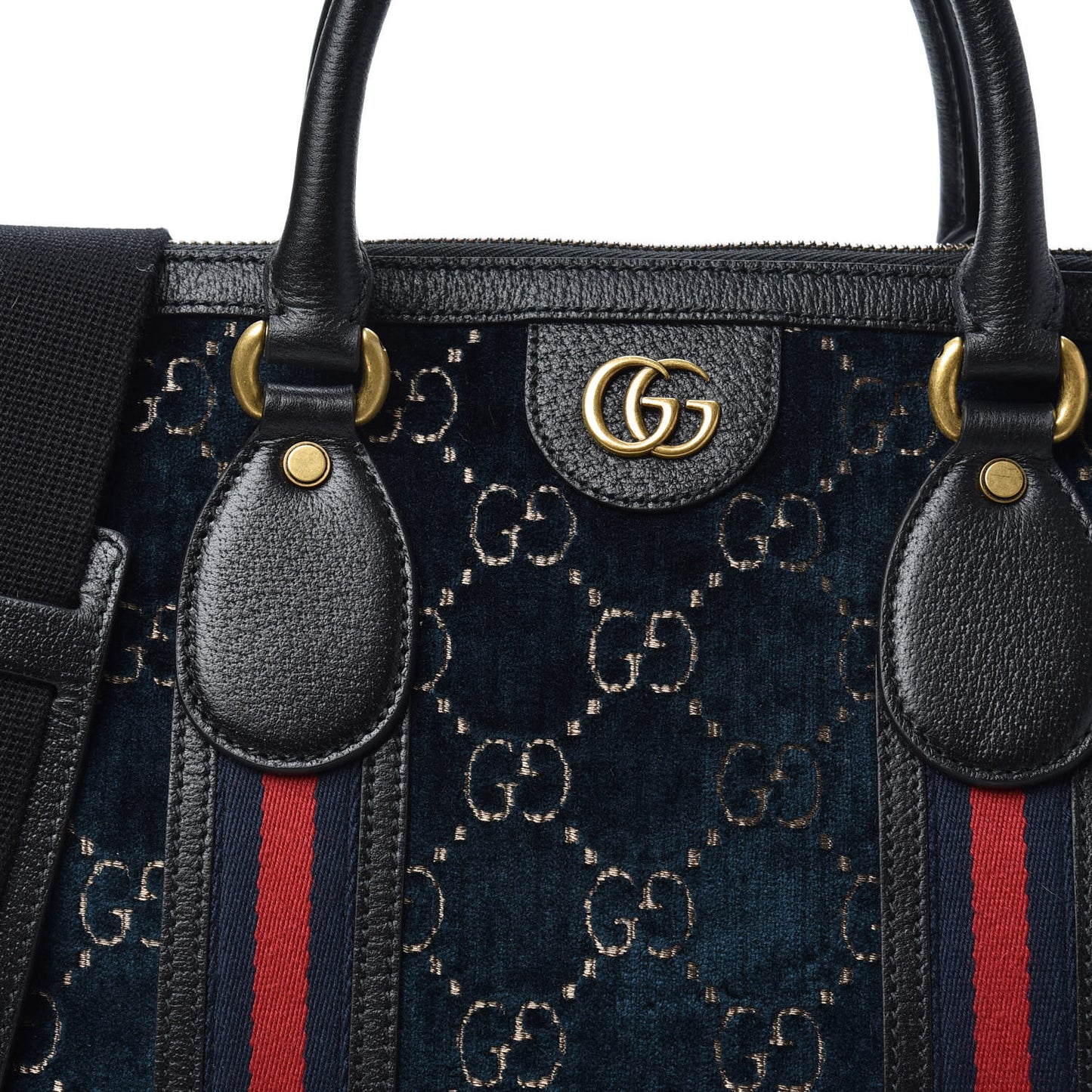 Velvet GG Monogram Textured Calfskin Web Medium Duffle Bag Blue Beige Black