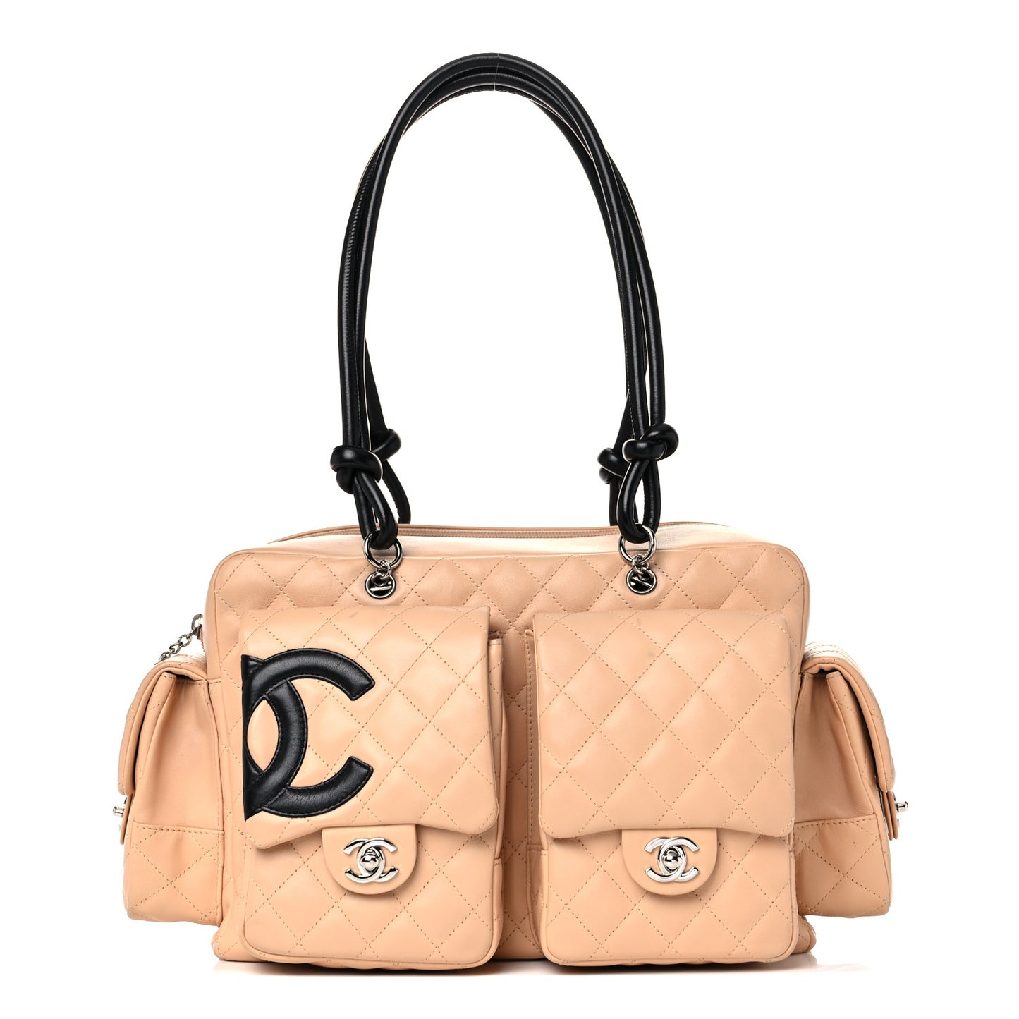 Calfskin Quilted Large Cambon Multipocket Reporter Beige Black