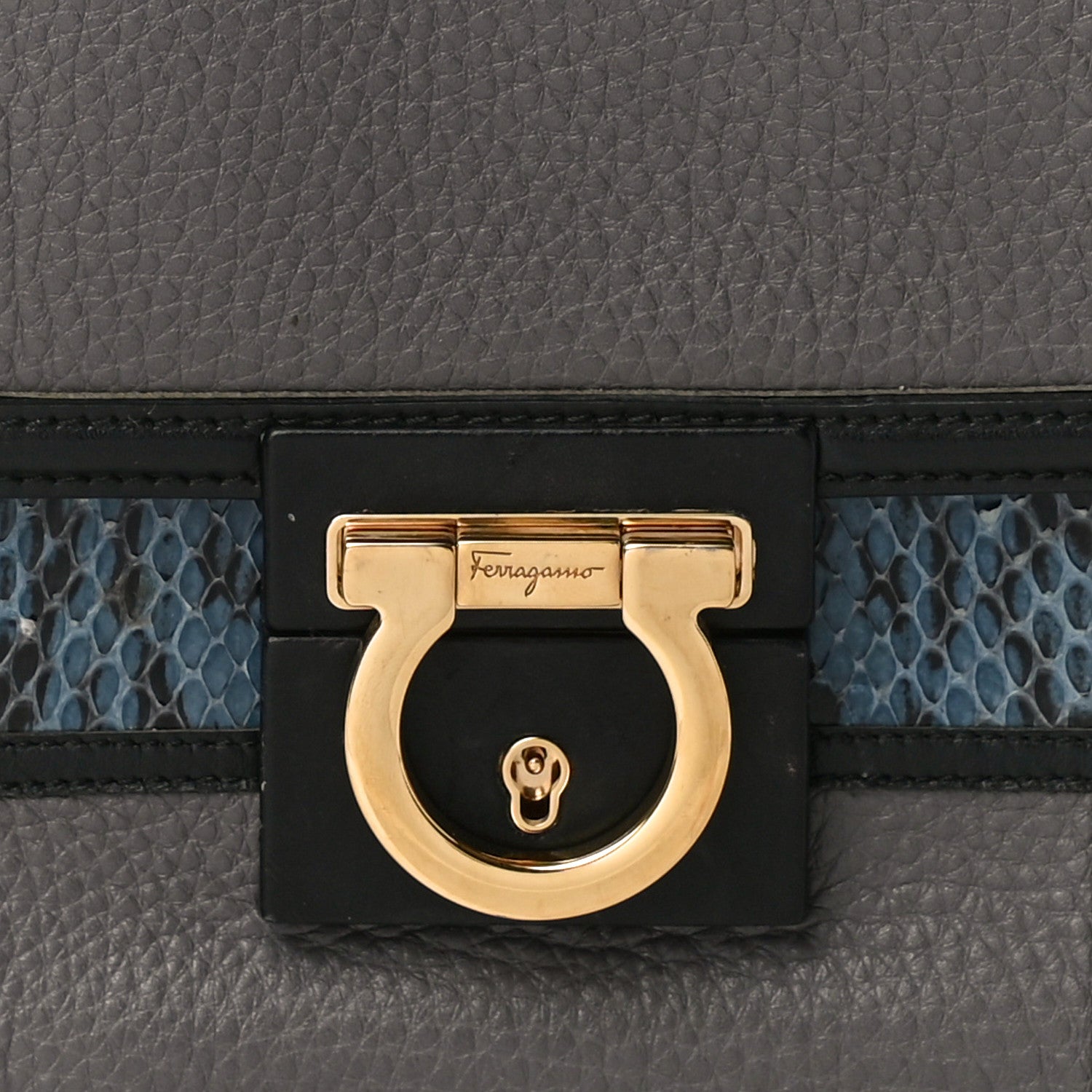 Salvatore Ferragamo Pebbled Calfskin Watersnake Patchwork Aileen Bag Grey Blue Black 9 of 9