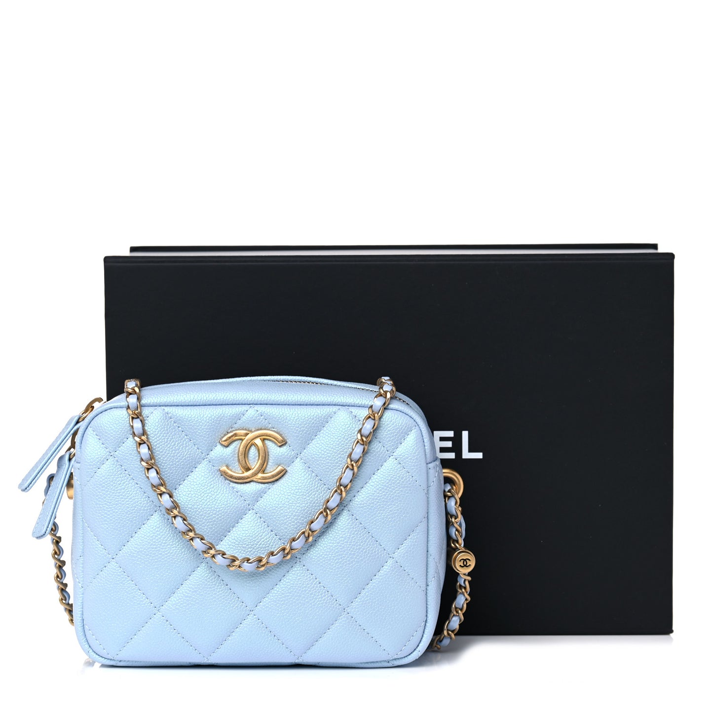 Iridescent Caviar Quilted Mini My Perfect Camera Case Light Blue