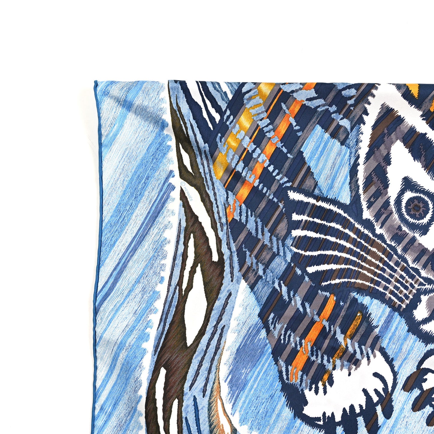 Silk Le Chat Carre Scarf 90 Bleu Caramel White