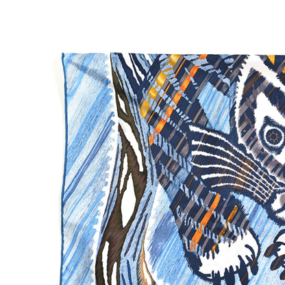 Hermes Silk Le Chat Carre Scarf 90 Bleu Caramel White 5 of 5