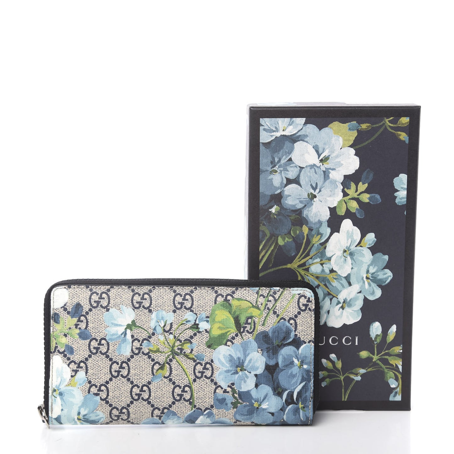 GG Supreme Monogram Blooms Zip Around Wallet Blue