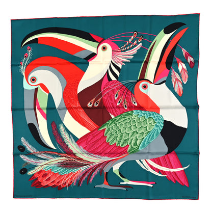Hermes Silk Toucans De Paradis Scarf 90 Vert Fuchsia Rouge 1 of 3