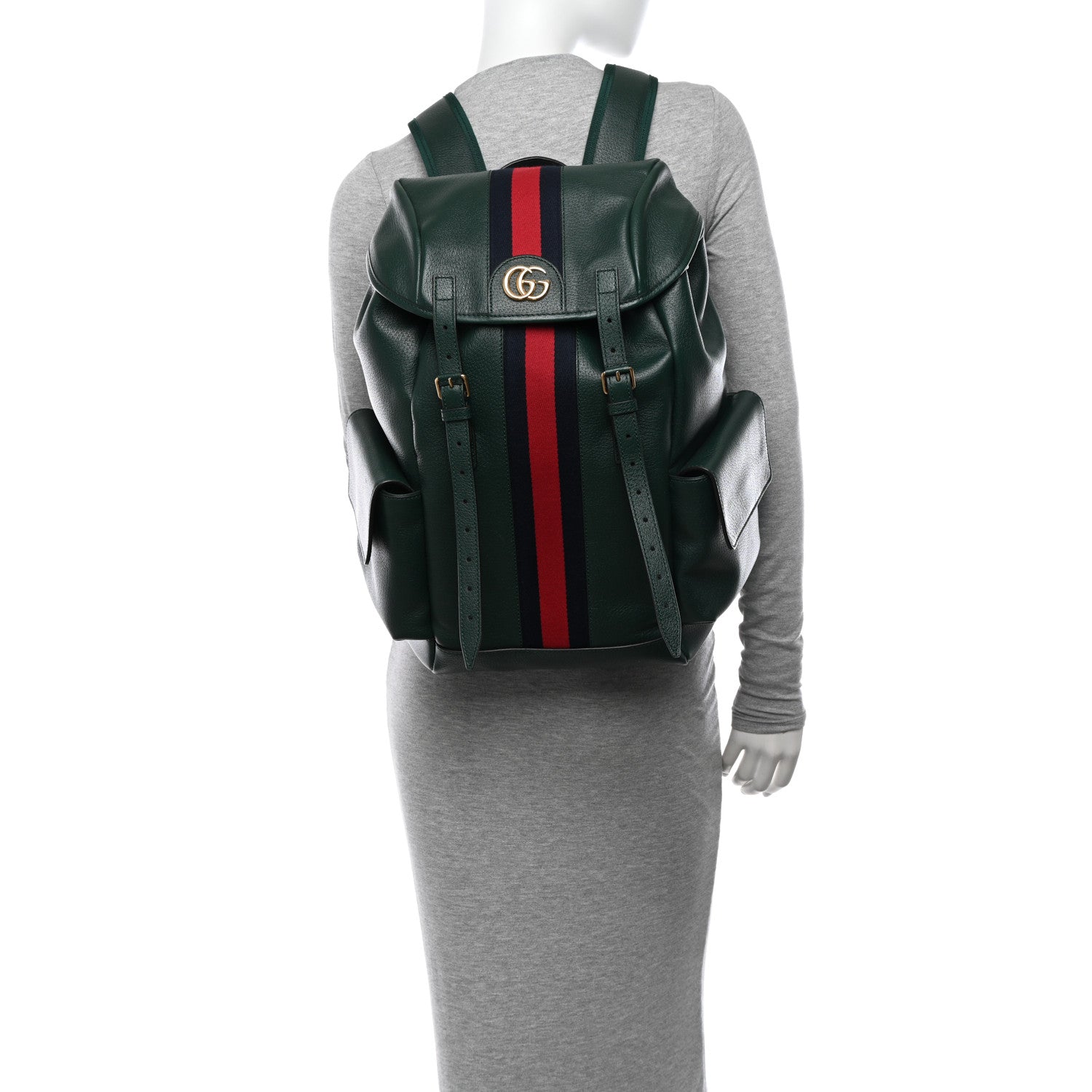 Gucci Grained Calfskin Medium Ophidia Double Buckle Backpack Green 2 of 10