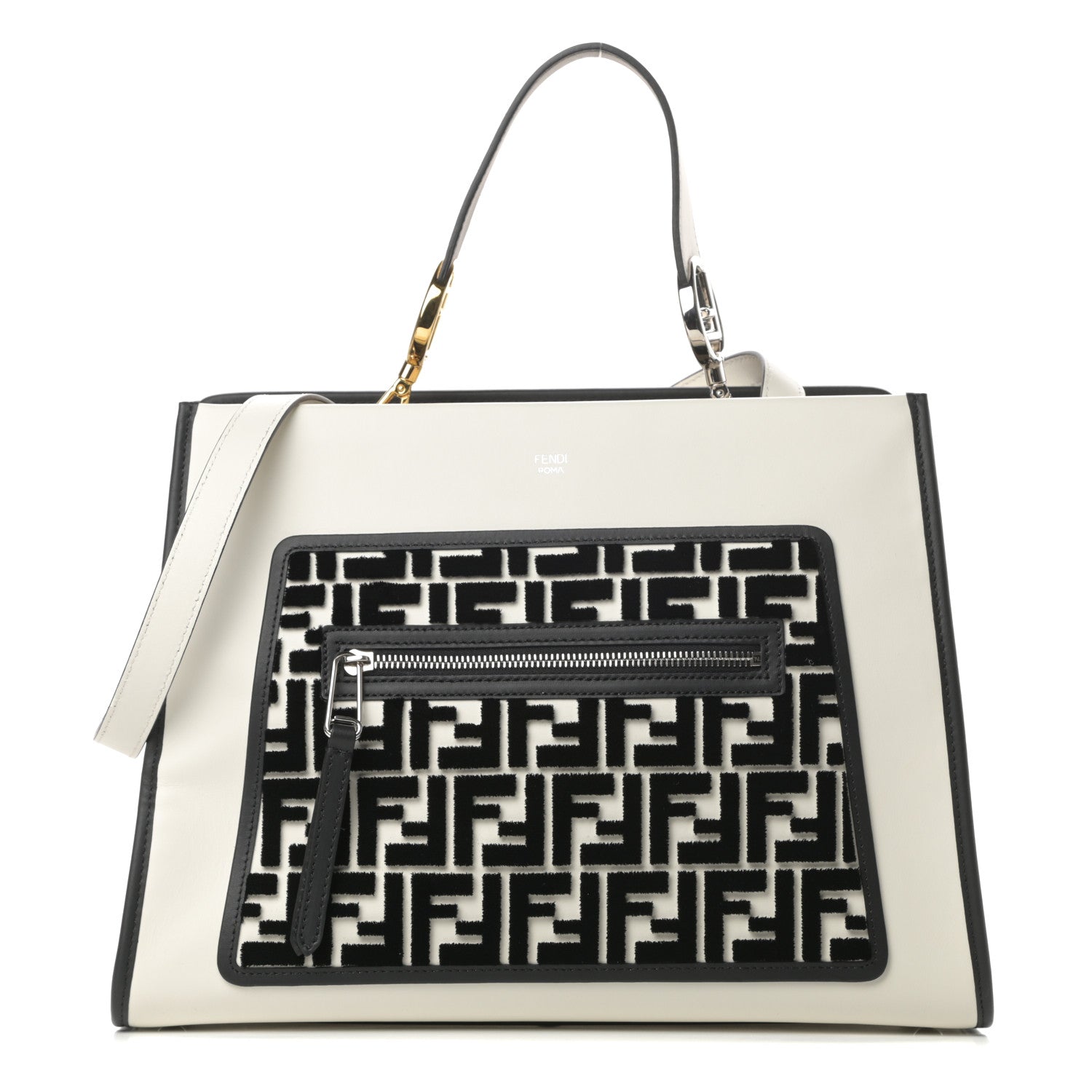 Fendi Vitello Century Velvet F is Fendi FF Embroidered Regular Runaway Satchel White Black 1 of 11