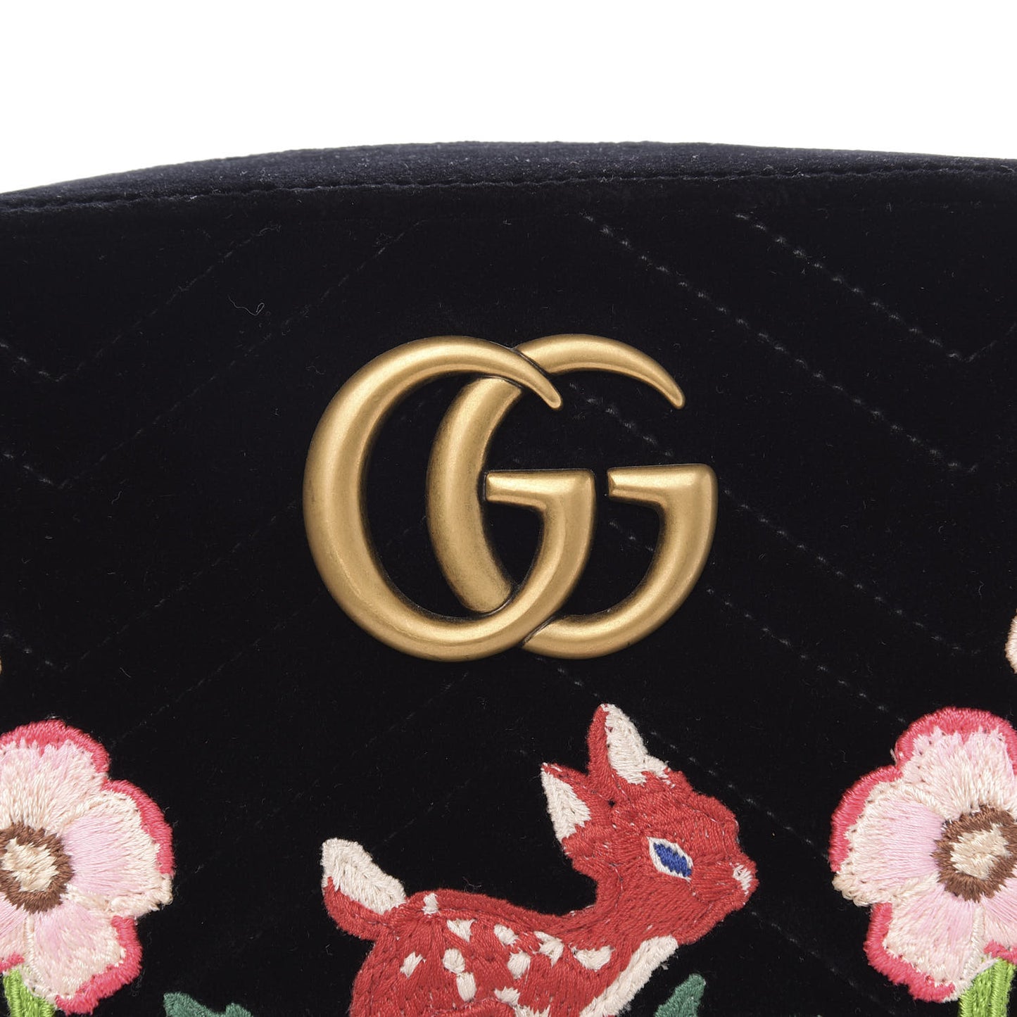 Velvet Matelasse Deer Embroidered Small GG Marmont Chain Shoulder Bag Black