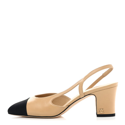 Chanel Goatskin Grosgrain Cap Toe CC Slingback Pumps 37 Beige Black 1 of 18