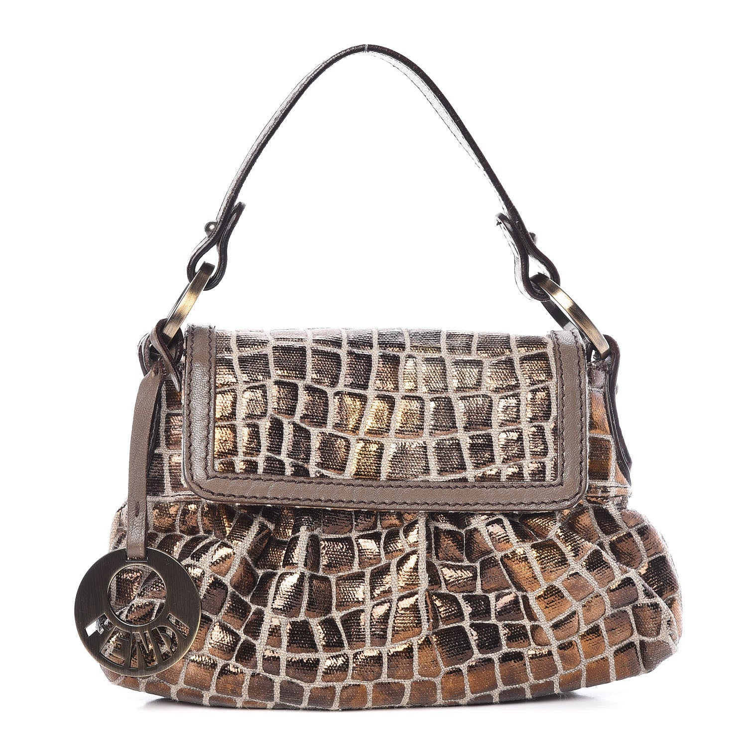Fendi Metallic Canvas Crocodile Effect Mini Shoulder Bag Bronze 1 of 9