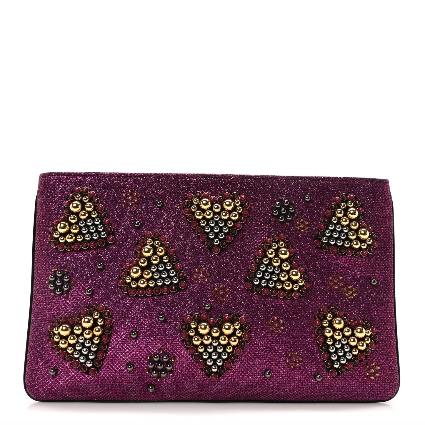 Metallic Raffia Studded Loubiposh Chain Clutch Magenta