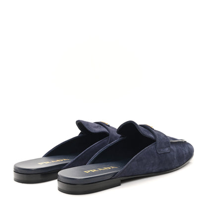 Prada Suede Metal Triangle Logo 10mm Loafer Mules 37 Bleu 5 of 9