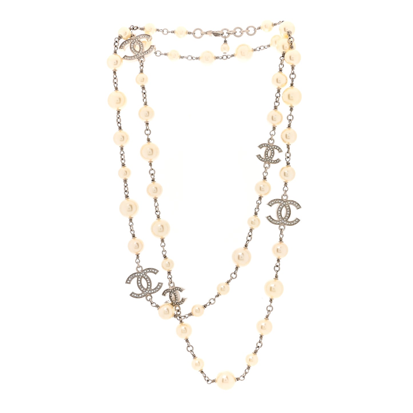 Graduated Pearl Crystal CC Long Necklace Silver