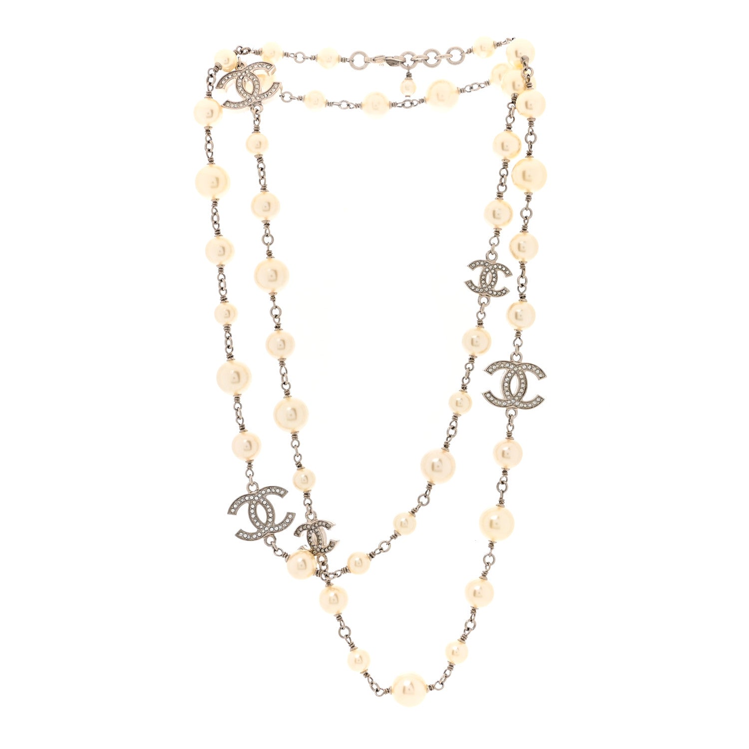 Chanel Graduated Pearl Crystal CC Long Necklace Silver 2 of 4