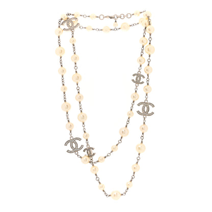 Chanel Graduated Pearl Crystal CC Long Necklace Silver 2 of 4
