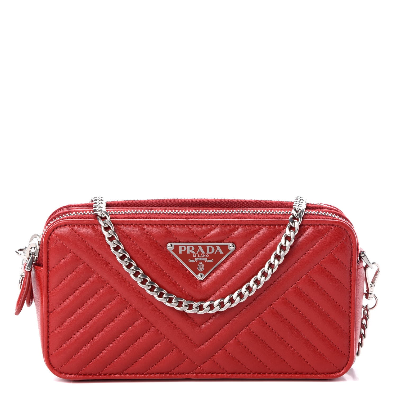 Prada Nappa Impunture Diagramme Mini Double Zip Chain Crossbody Bag Fuoco 1 of 10