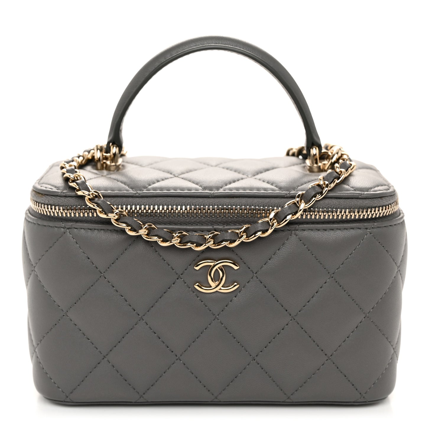 Lambskin Quilted Small Top Handle Vanity Case With Chain Dark Grey