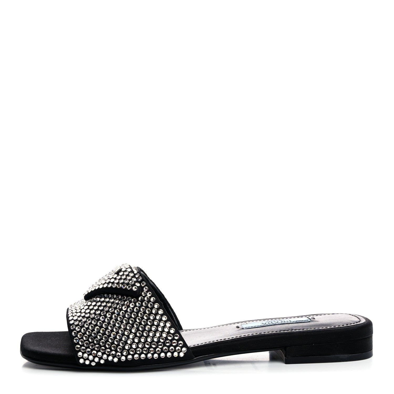 Prada Satin Crystal Logo 10mm Slide Sandals 35 Black 1 of 8