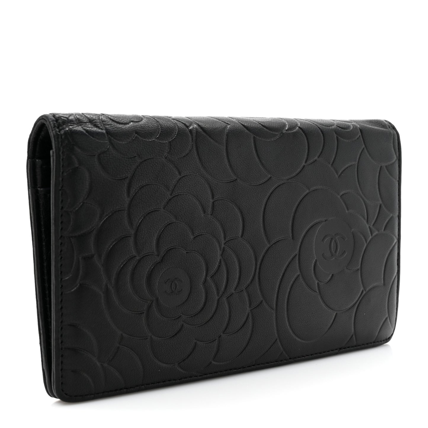 Lambskin Camellia Embossed Yen Wallet Black