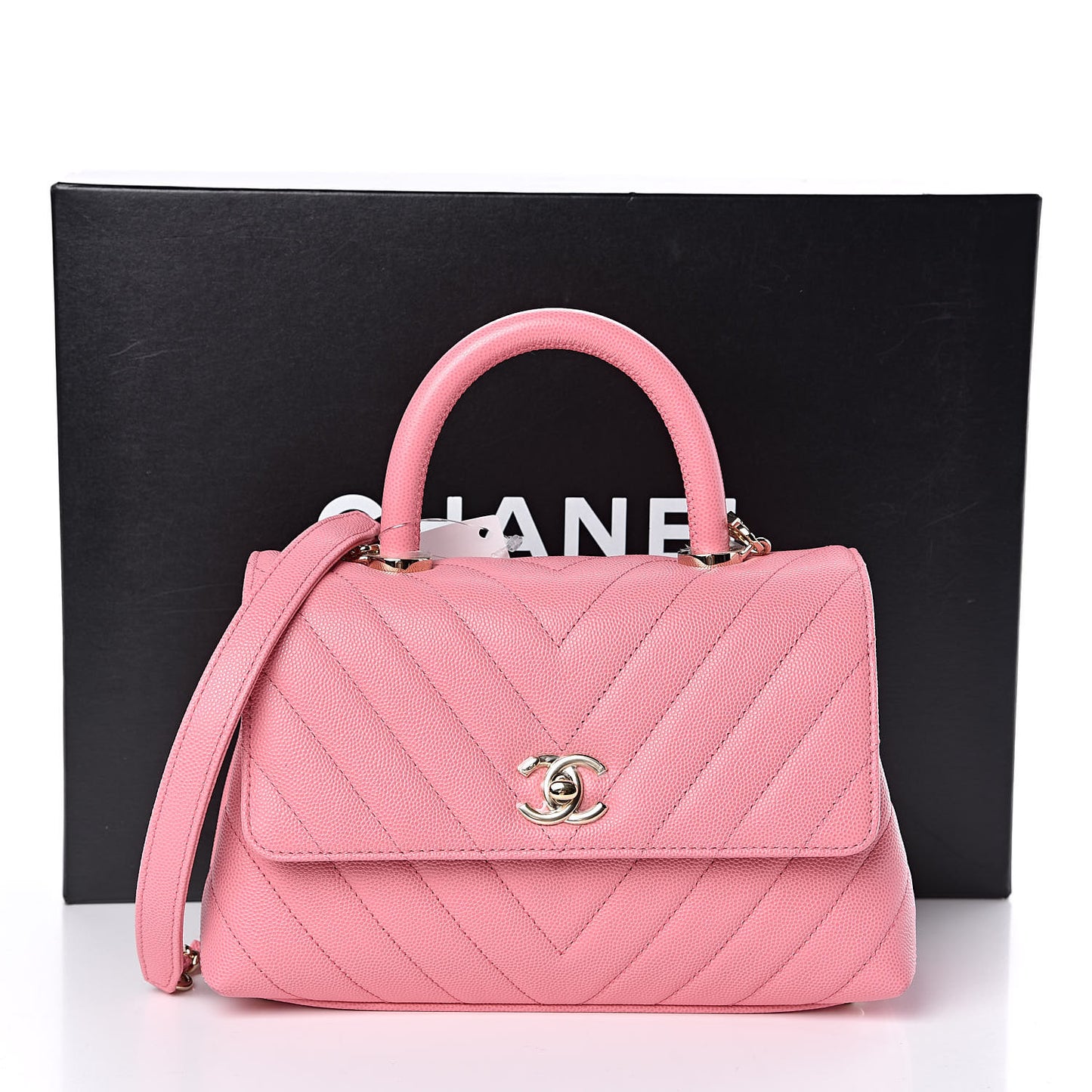 Caviar Chevron Quilted Mini Coco Handle Flap Pink
