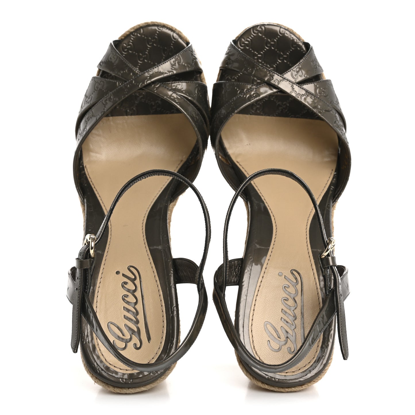 Patent Microguccissima Penelope Espadrille Wedge Sandals 37.5 Acero