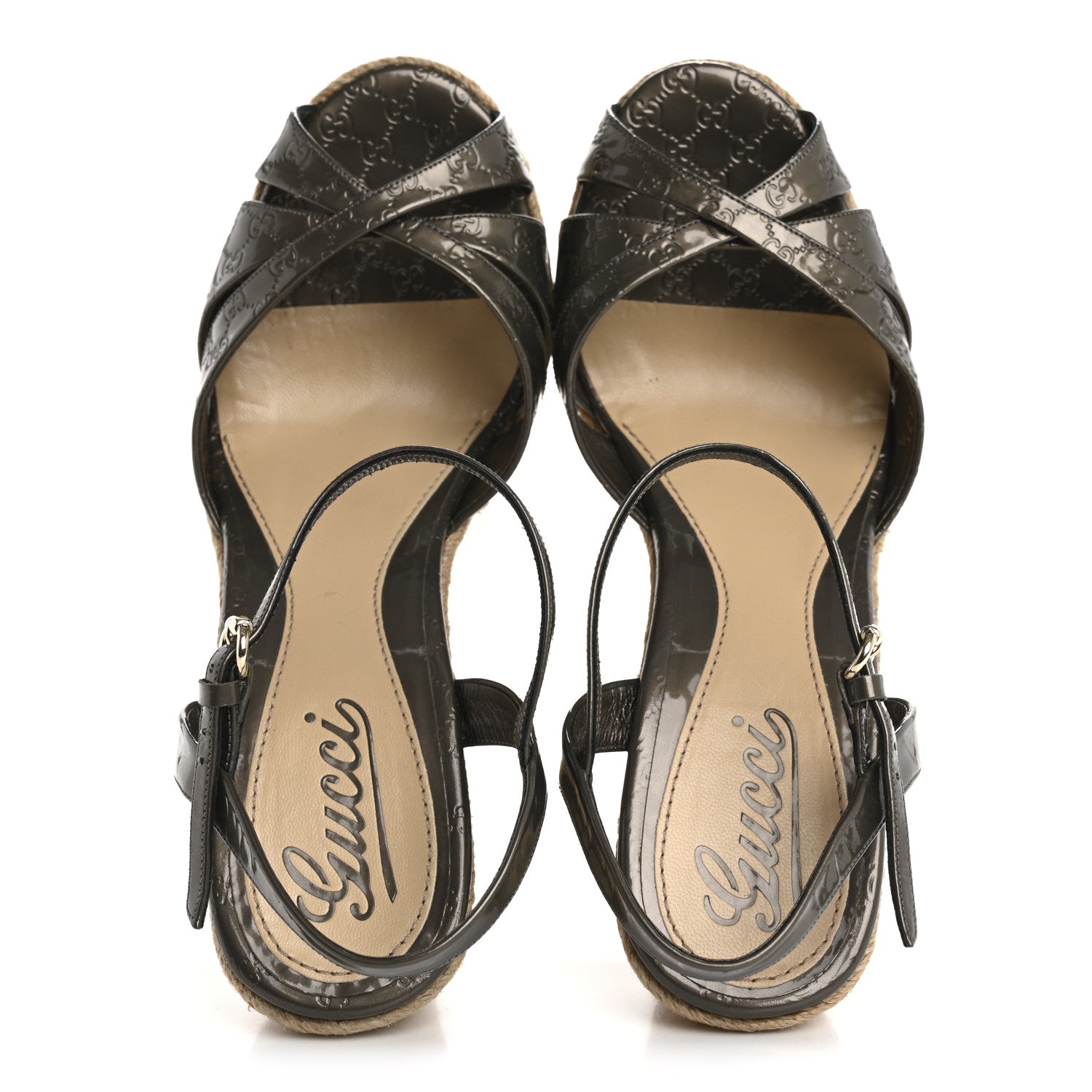 Gucci Patent Microguccissima Penelope Espadrille Wedge Sandals 37.5 Acero 2 of 10