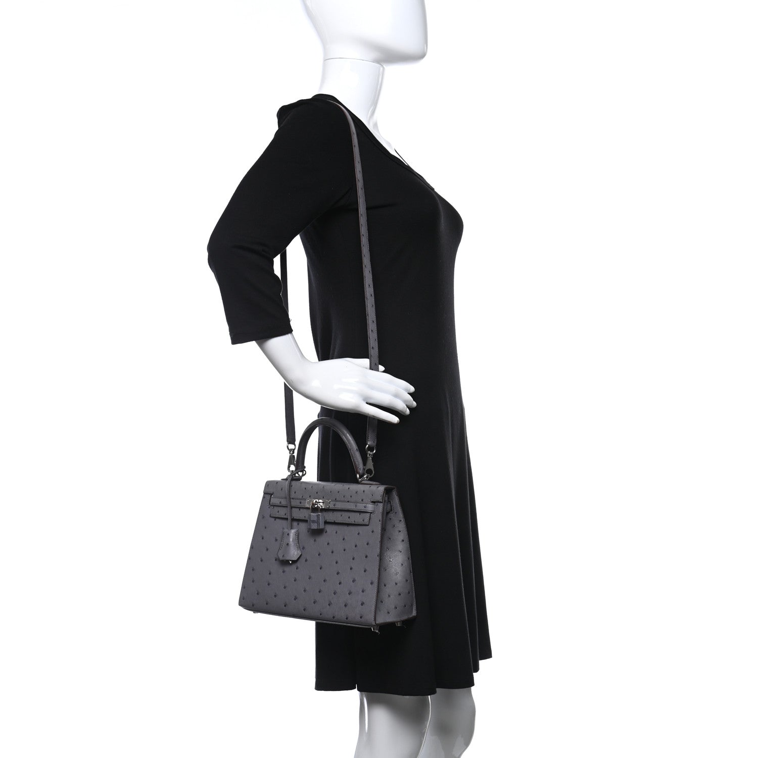 Hermes Ostrich Horseshoe Kelly Sellier 25 Gris Agate Bleu Nuit 2 of 13