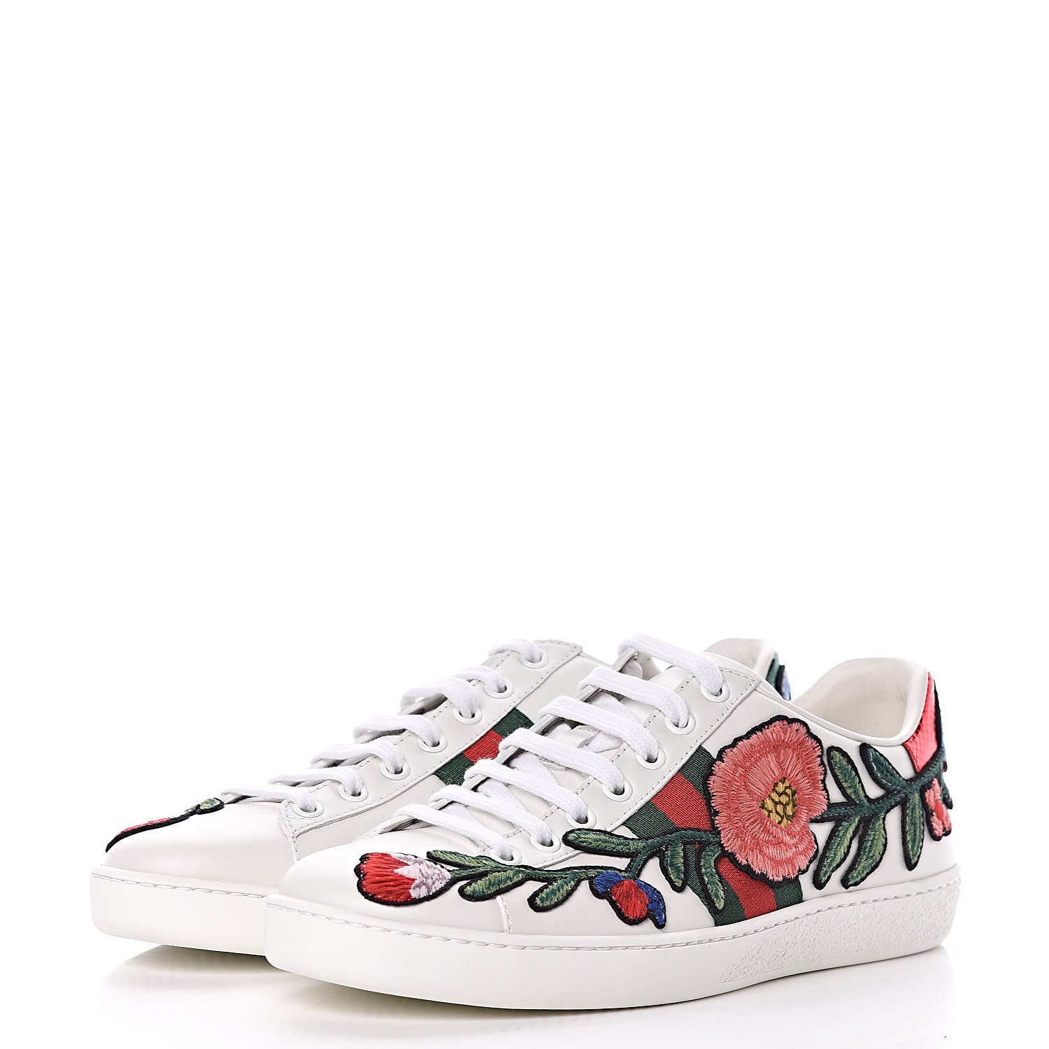 Gucci Calfskin Web Floral Embroidered Womens Ace Sneakers 36.5 White 3 of 9