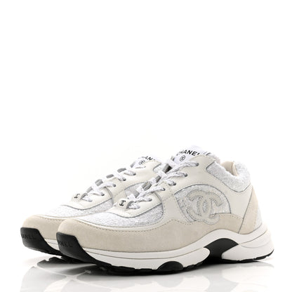 Chanel Painted Iridescent Cotton Tweed Suede Womens CC Sneakers 36 White Silver Multicolor 3 of 8